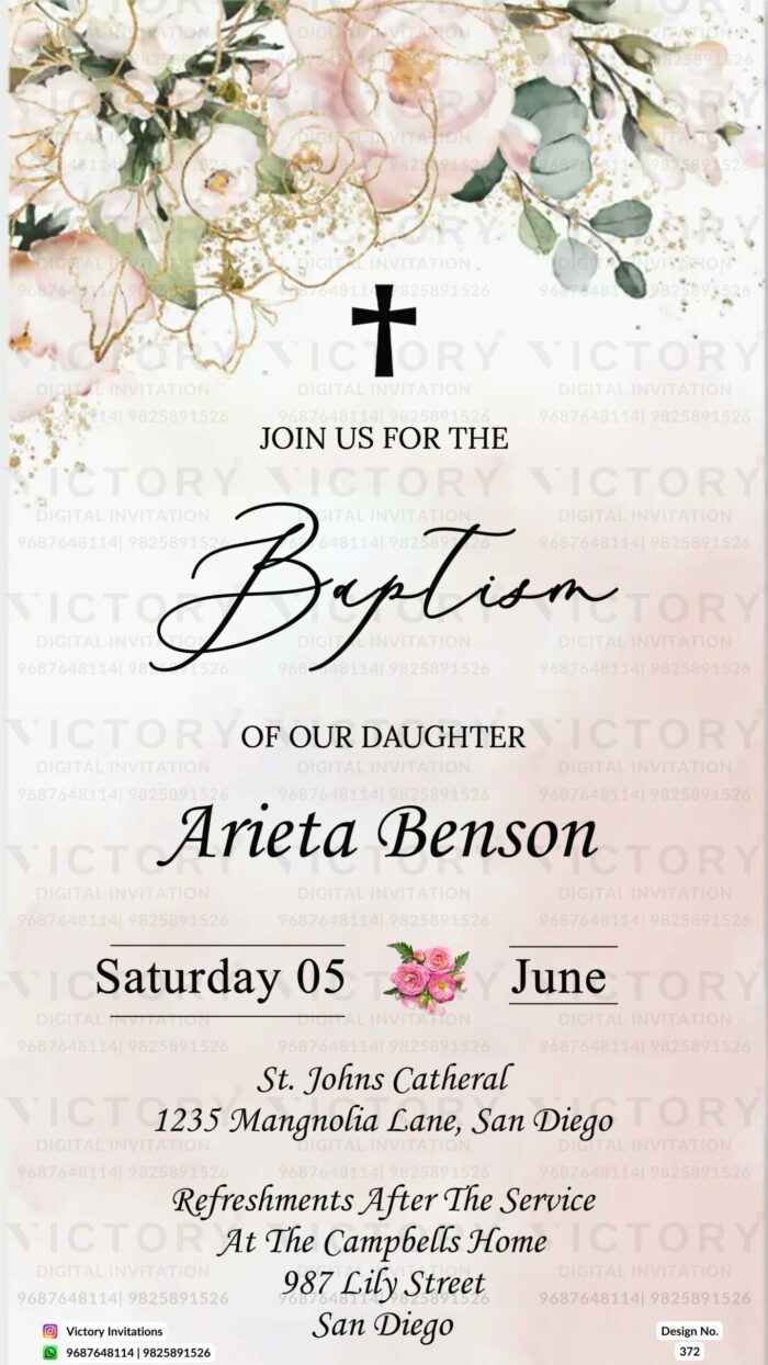 A Sublime Baptismal Invitation with a Pale and Wisp Pink Backdrop, Enthralling Botanical Illustration, and a Dark Christian Cross, Design no.372