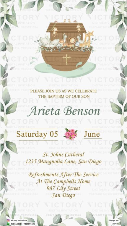 An Exquisite Vista White Baptism Invitation Card, Featuring a Majestic Wooden Boat Design and Handcrafted Botanical Leaf Border, Design no. 387