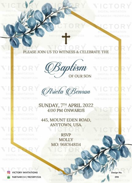 "Golden Elegance Frame and Blue Serenity: A Stunning Invitation to Witness Baptism Ceremony" Design no. 398