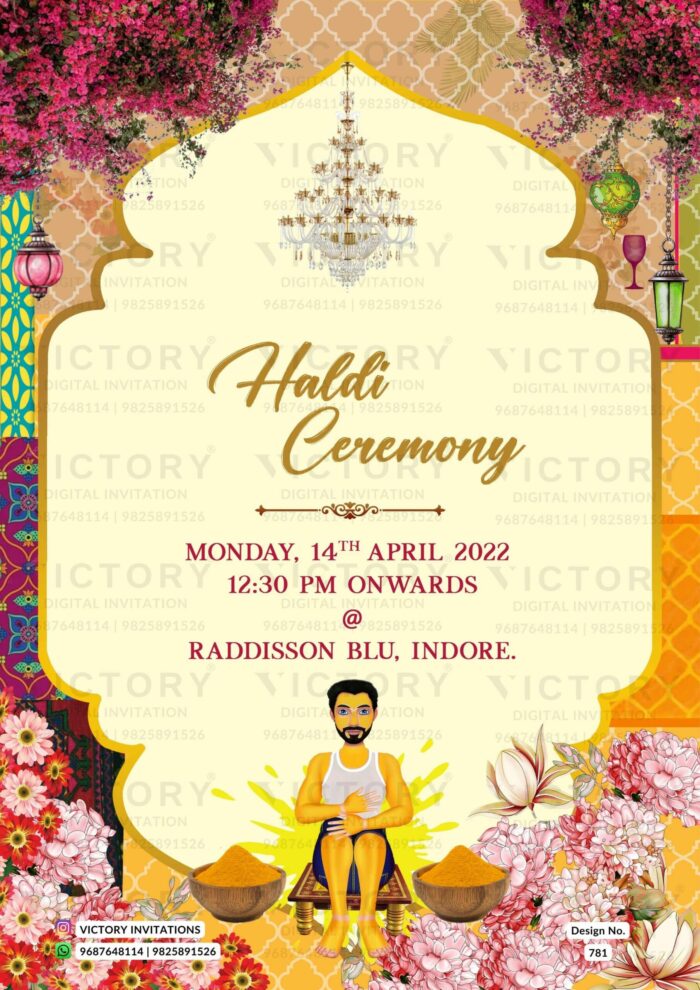 Traditional Beige and Vibrant-Shaded Vintage Floral Theme Digital Wedding Invites with Festive Indian Bride and Groom Doodle