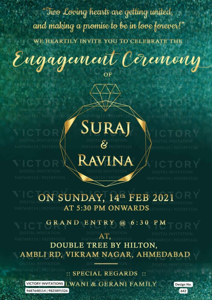 Golden and Teal Green Digital Wedding Invitation with Luxurious Diamond-Studded Wedding Logo
