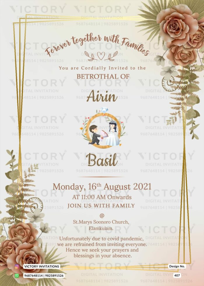 Romantic Peach-Colored Betrothal Invitation with Elegant Goldish Frame and Charming Couple Doodle. Design no.407