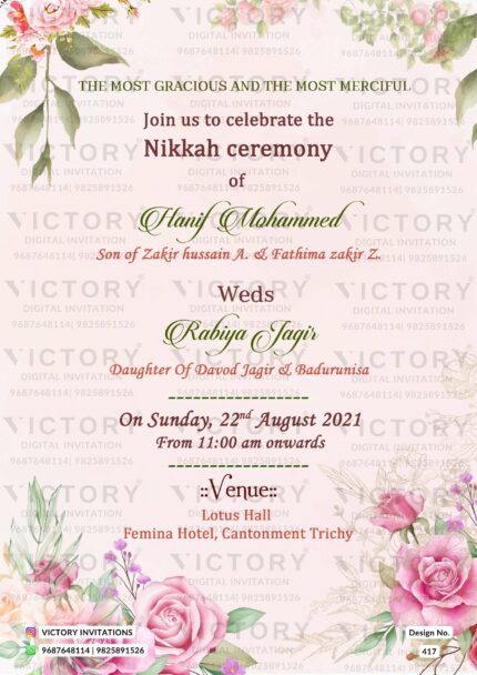 A Modern Indian Muslim Wedding Invitation with a Floral pinkysh Theme" Design no. 417