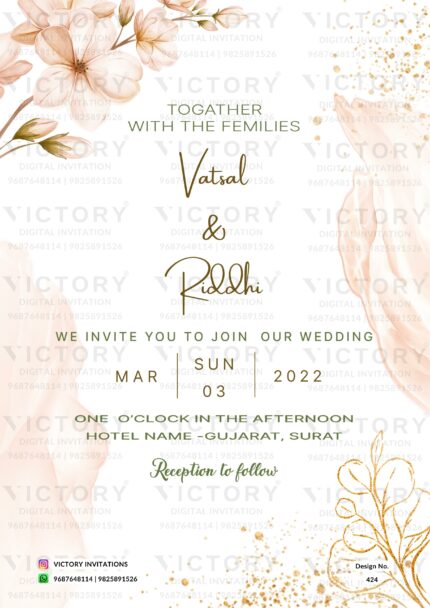 The Serene Beauty of Misty Rose and Delicate Floral & Leaves Designs with Our Digital Wedding Invitation, Design no.424