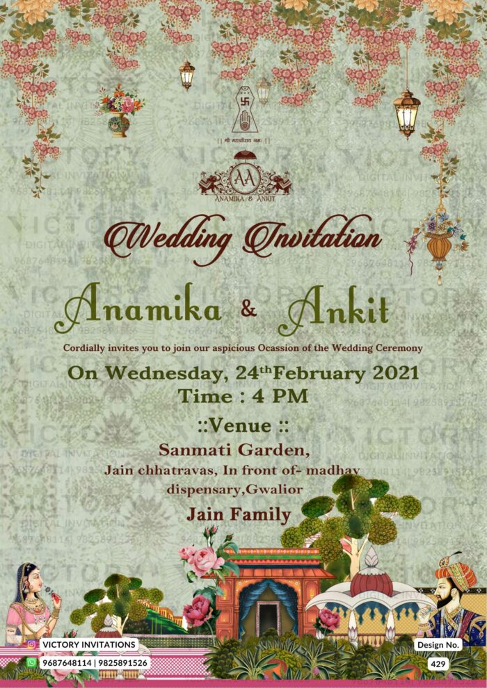 Digital Wedding Invitation with Mughal Influence, Luxurious Pistachio Background, Jain Emblem, and Exquisite Blossom Patterns, Design no.429