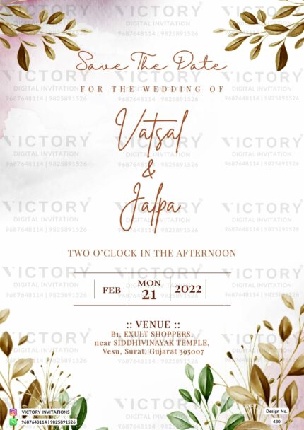 A Mesmerizing Victory wedding Invitation with Graceful Milk White and Pink Flare Hues and Lush Green and golden Foliage Design, Design no. 430
