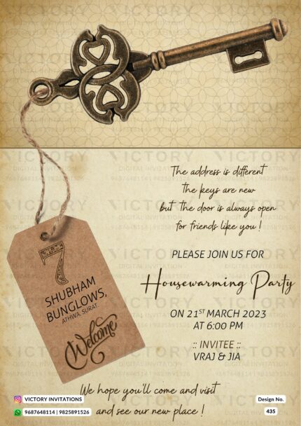 Invitation for Housewarming Party with a Subtle Peach and Almond Color Scheme and a Vintage Key Design in a Rich Gold Hue, Design no. 435
