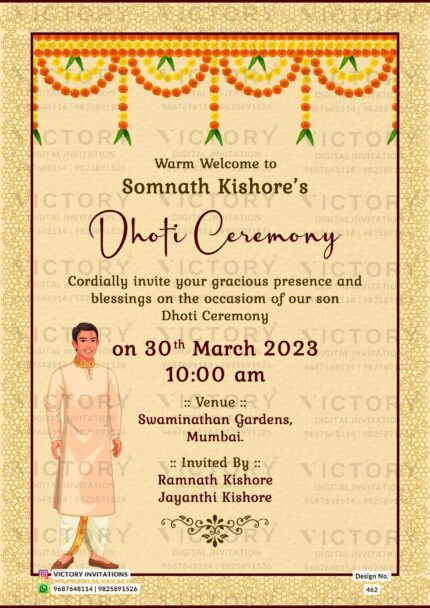 A Magnificent Invitation to the Dhoti Ceremony, Embellished with a Stunning Brown Frame, Delicate Marigold florals, and Elegant Doodles on a Sublime Peachy-Yellow Background, Design no. 462