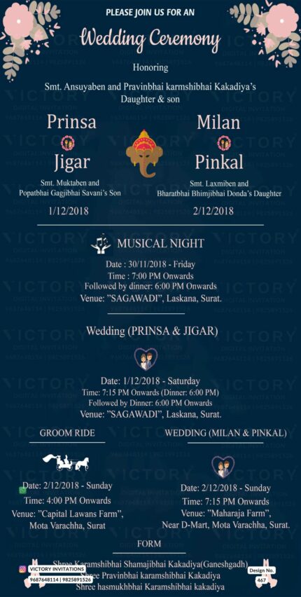 Wedding ceremony invitation card of hindu gujarati patel family in english language with Minimalistic theme design 467