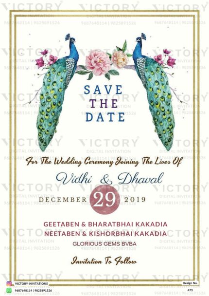 A Save the Date Invitation featuring the Natural Beauty of Peacock Feathers and Delicate Florals on a white backdrop
