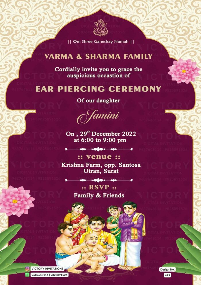 An Ear Piercing Invitation with a milky white backdrop and Cremey Arch Adorned with Botanical Rose flowers and Palm leaves, Ganesha's logo, and Enchanting Doodles