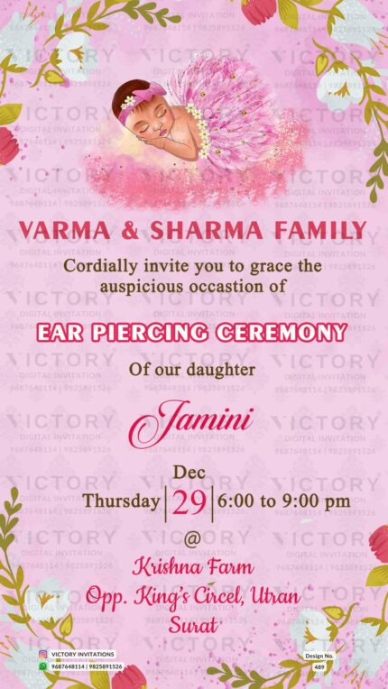 A Digital Invite for Infant Ear Piercing Celebration featuring a Delightful Blush pink Background, Cute baby doodle, and Floral Botanicals, Design no. 489