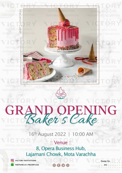 Luxurious White Lilac and Marble Grand Opening Invitation featuring Macaron Cake and Sweet Illustration, Design no. 491