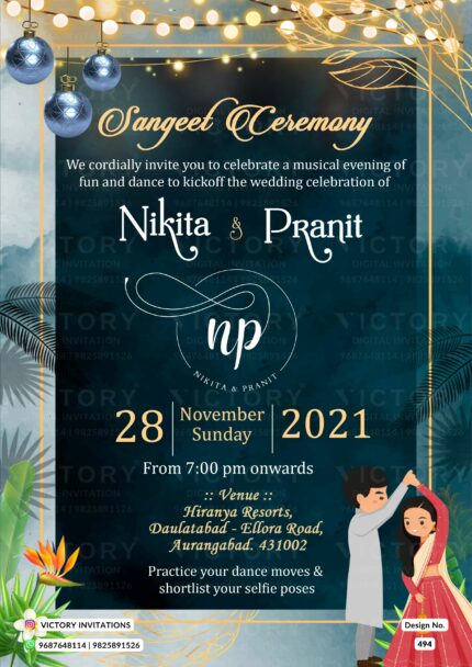 A Captivating Invitation to the Sangeet Ceremony with a Stunning Couple Doodle, Shimmering Lights, Hanging Night Bolls, Lush Greenery on Navy-Smalt Blue and Metallic Silver Backdrop, Design no. 494