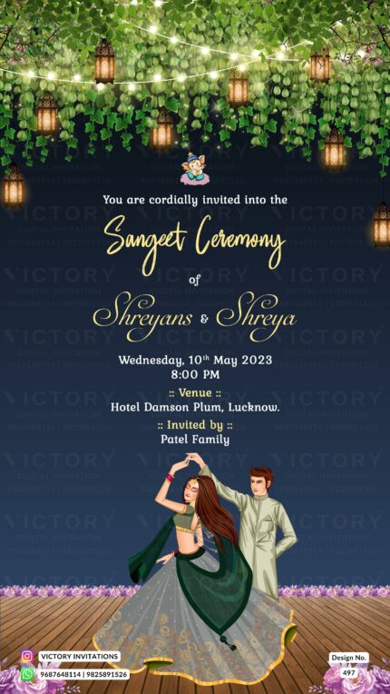 A captivating Black Pearl digital Sangeet Invitation with Adorable Couple Doodle, Divine Ganesha Motif, and Rose florals and lush leaves, Design no. 497