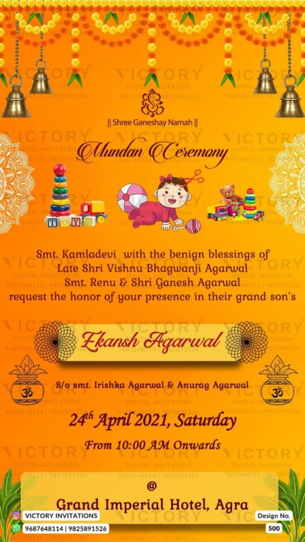 Marvelous Mandala-Inspired Mundan Ceremony Invite with a Radiant Yellowish-Orange Background, Charming Baby Doodle with toys, Auspicious Ganesha logo, and Delightful Marigold Blossoms, Design no. 500