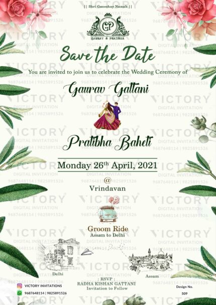 An Elegant Save the Date Invitation Featuring Indian Couple Doodle Illustrations with a Greenery Design Inspired by Two-State theme