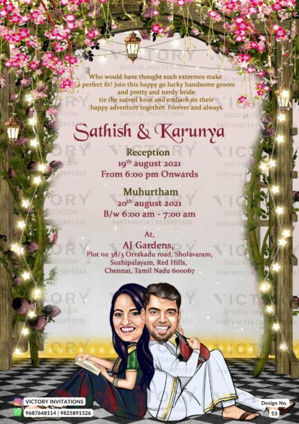 Bollywood couple caricature invitation card for the wedding ceremony of Hindu south indian tamil family in english language with romantic theme design 53