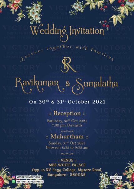 Wedding ceremony invitation card of hindu south indian kannada family in english language with Minimalistic theme design 562