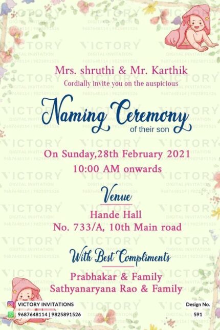 "Pixie Green Leaves and Soft Pink Doodles: A Hindu Naming Ceremony Invitation