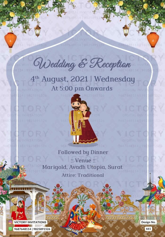 Traditional Pastel Shaded Vintage Theme Lavish Indian Wedding E-invites with Classic Vintage Illustrations and Festive Indian Couple Doodle Illustrations