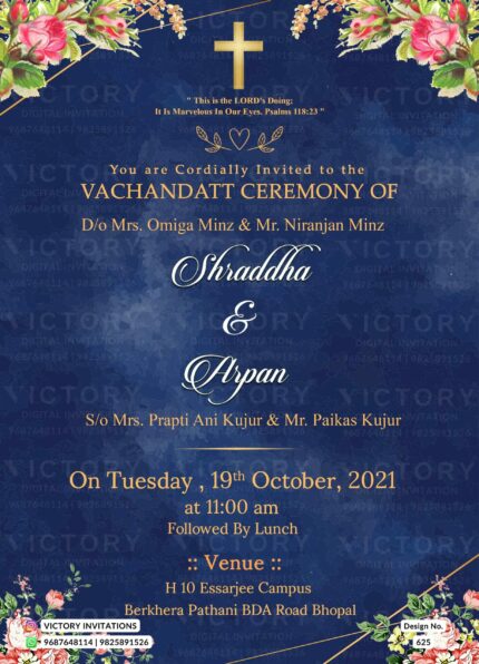 This digital Vachandatt invitation is designed with a beautiful vintage-style navy blue theme, complemented by delicate floral accents