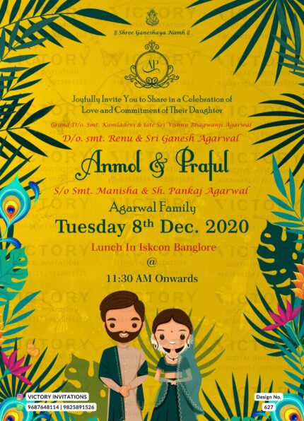 Wedding ceremony invitation card of hindu punjabi sikh family in English language with artistic leaves theme design 627