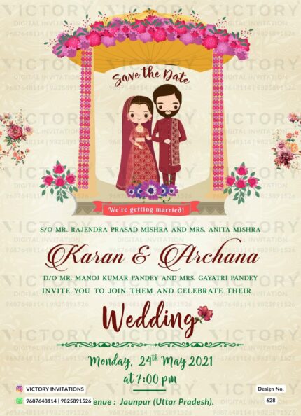 Albescent White Wedding Invitation with Vibrant Mandap and Traditional Couple Doodle