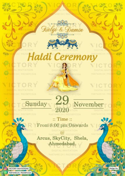 Golden Yellow Haldi Ceremony Invitation with Elegant Peacock Motifs and Vibrant Flower Patterns with charming haldi doodle