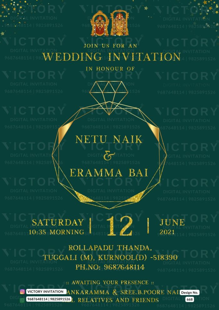 "Elegant E-Invitation with Ring Illustration with god Image for a Modern Wedding Ceremony" Design no. 668