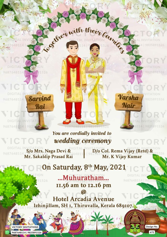 Wedding ceremony invitation card of hindu south indian malayali family in english language with Floral theme design 672