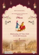 Burgundy and Gold Vintage Theme Indian Wedding Invites with Vintage Scenery and Classic Indian Bride and Groom Doodle Illustrations,
