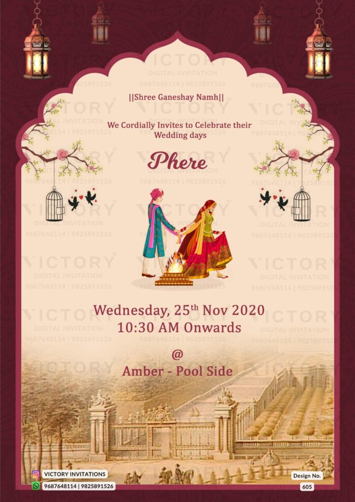 Burgundy and Gold Vintage Theme Indian Wedding Invites with Vintage Scenery and Classic Indian Bride and Groom Doodle Illustrations,