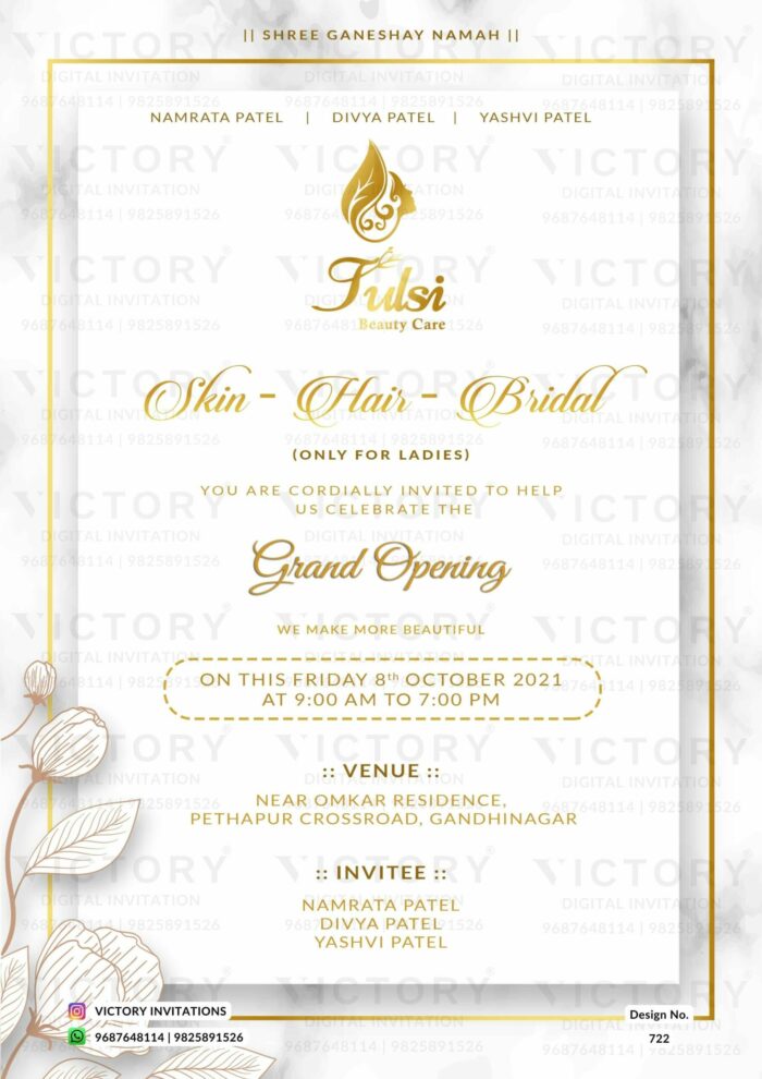 "Vista White and Pastel Grey Theme Grand Opening Ceremony Invitation Card with Delicate Golden Line Flower Art"