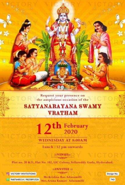 "Radiant Colors and Tradition: A Digital Invitation Celebrating the Blessings of Lord Satyanarayana"