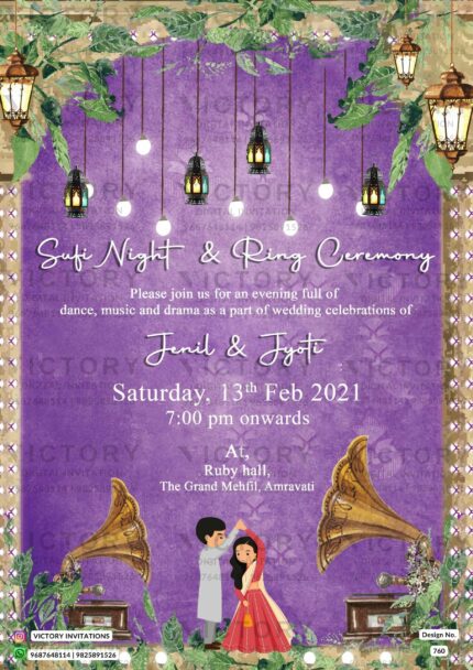 "The Lavender Dreams Sufi Night and Ring Ceremony Invitation Set are shades of purple, pastel purple, and purple haze with antique gramophone and doodle"