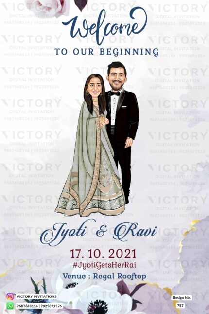A Beautiful Floral-themed Modern-Indian Wedding E-Invitation Featuring a Caricature of the Couple in Traditional Attire, Set on a Mauve-Purple Background. Design no. 787