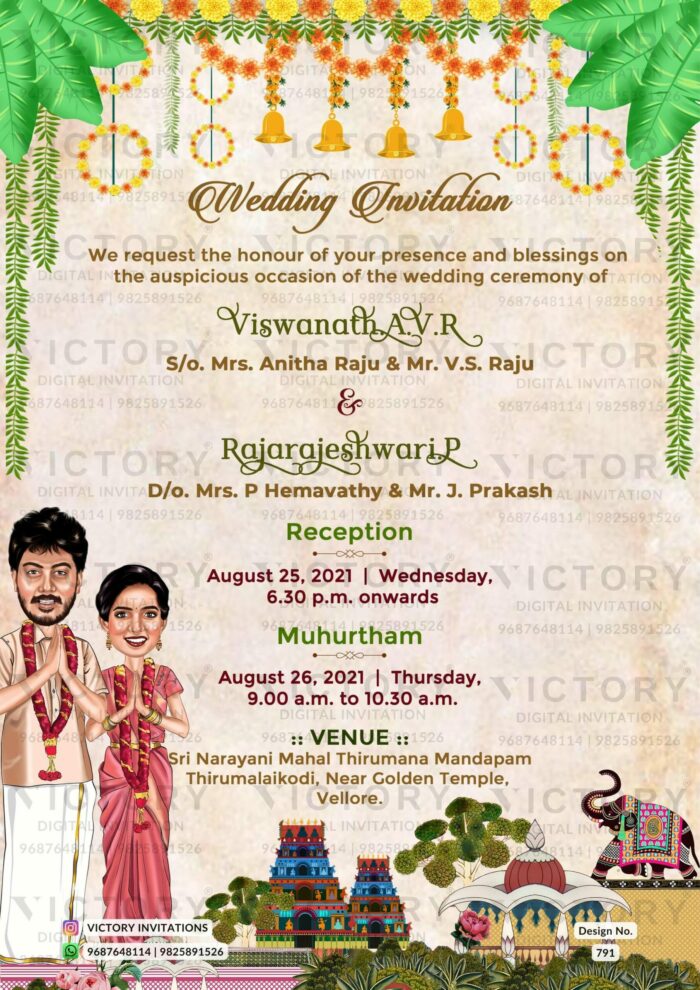 Namaste couple caricature invitation card for the wedding ceremony of Hindu south indian tamil family in english language with traditional theme design 791