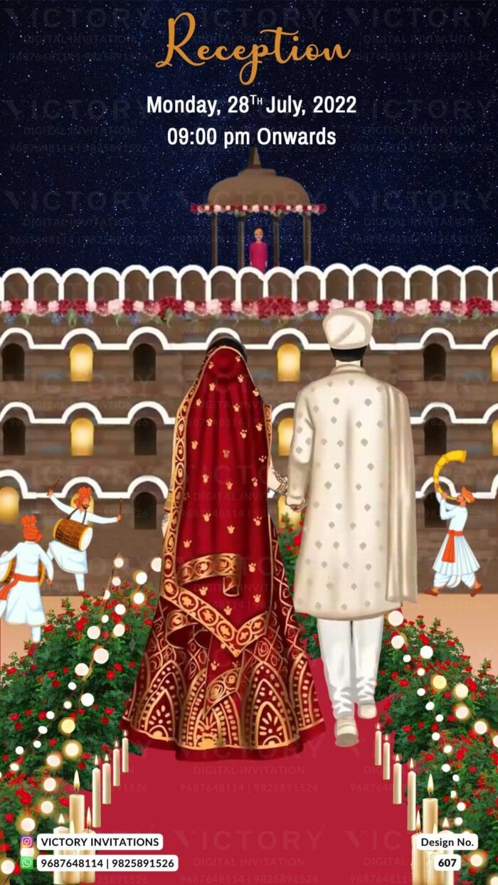 Luxurious Vibrant Shaded Festive Indian Wedding Invitations with Traditional Scenery Backdrops and Couple Caricature Illustration, design no. 607