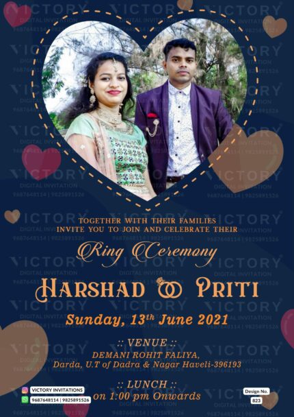 "A ring ceremony invitation with shades of blue whale, accompanied by warm tobacco brown and velvet maroon hearts, featuring an image of the couple."