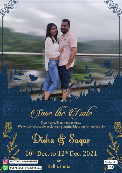"Dark blue-grey themed Traditional Indian Save-the-Date E-Invitation with golden flower line art and a beautiful couple image