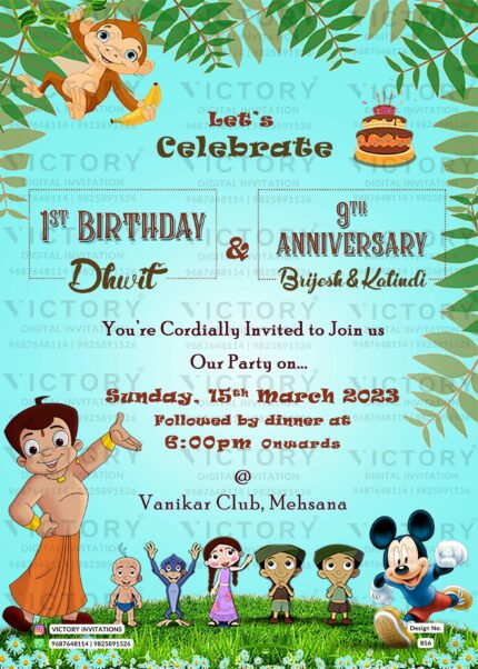 "Triple-Toned Turquoise and Blue: A Whimsical Celebration of First Year and 9th Anniversary with Chhota Bheem and Mickey Mouse."