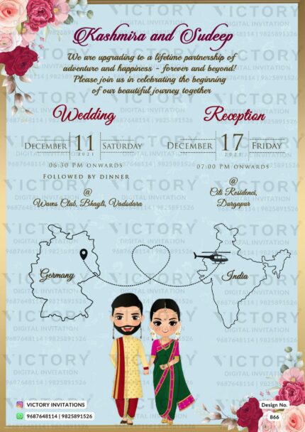 Wedding ceremony invitation card of hindu maharashtrian marathi family in english language with Two countries theme design 866