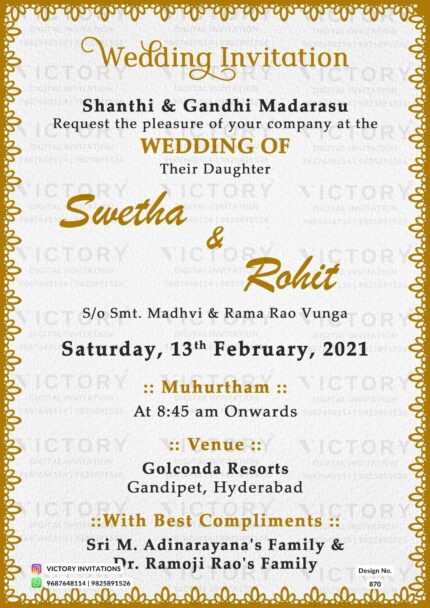 Telangana wedding invitation card Design no. 870.