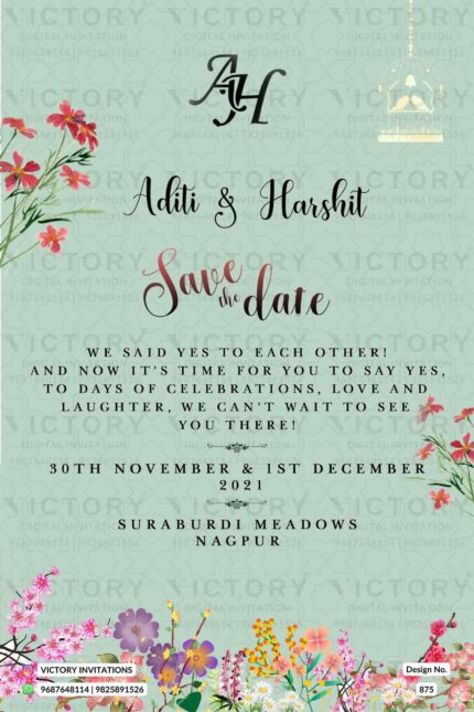 "Sophisticated Save The Date E-Invitation with Geometric Line Art and Lovebird Motif, Set Against a Stunning Green-Cyan Floral Backdrop"