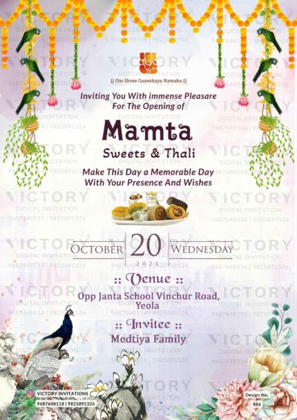 "Exquisite E-Invitation for a Grand Opening with Enchanting Indian Fortress, Sweet Dish, Dripping Marigolds, Lilies, Majestic Peacock