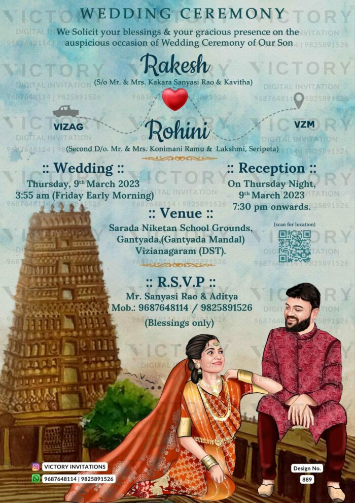 Romantic couple caricature invitation card for the wedding ceremony of Hindu south indian telugu family in english language with temple theme design 889