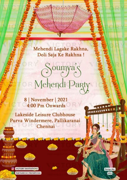 "An Exquisite Digital Invitation Card for a Hindu Wedding Festivity: Featuring a Charming Caricature Illustration of the Couple and Vibrant Mandap Background in Pink, Yellow, and Green Colors, Adorned with Majestic Umbrella and Marigold Garland, Flower Dish, Decorated Matka, Mug, and Pink Flowers"