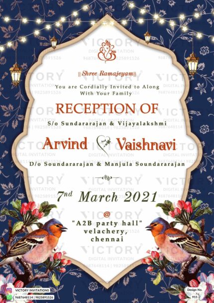 "Rich Dark Blue Hindu Reception Invitation Card with Divine Lord Ganesha Logo, Charming Sparrow Birds, and Captivating Floral Design"