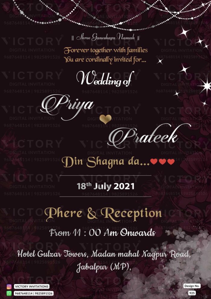 Wedding ceremony invitation card of hindu north indian family in english language with Shining theme design 925